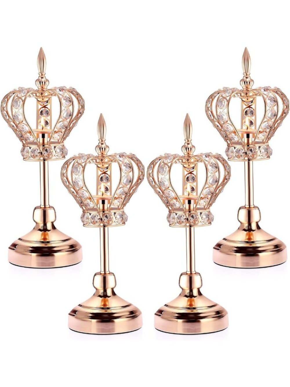 Elegant Gold Crystal Crown Candle Holders - Set of 4, 13.8" Tall Home Decor